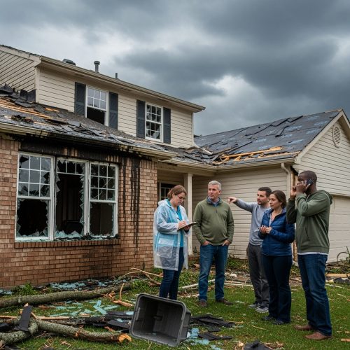 Adjusters with home owners inspecting their house after a storm in Colorado